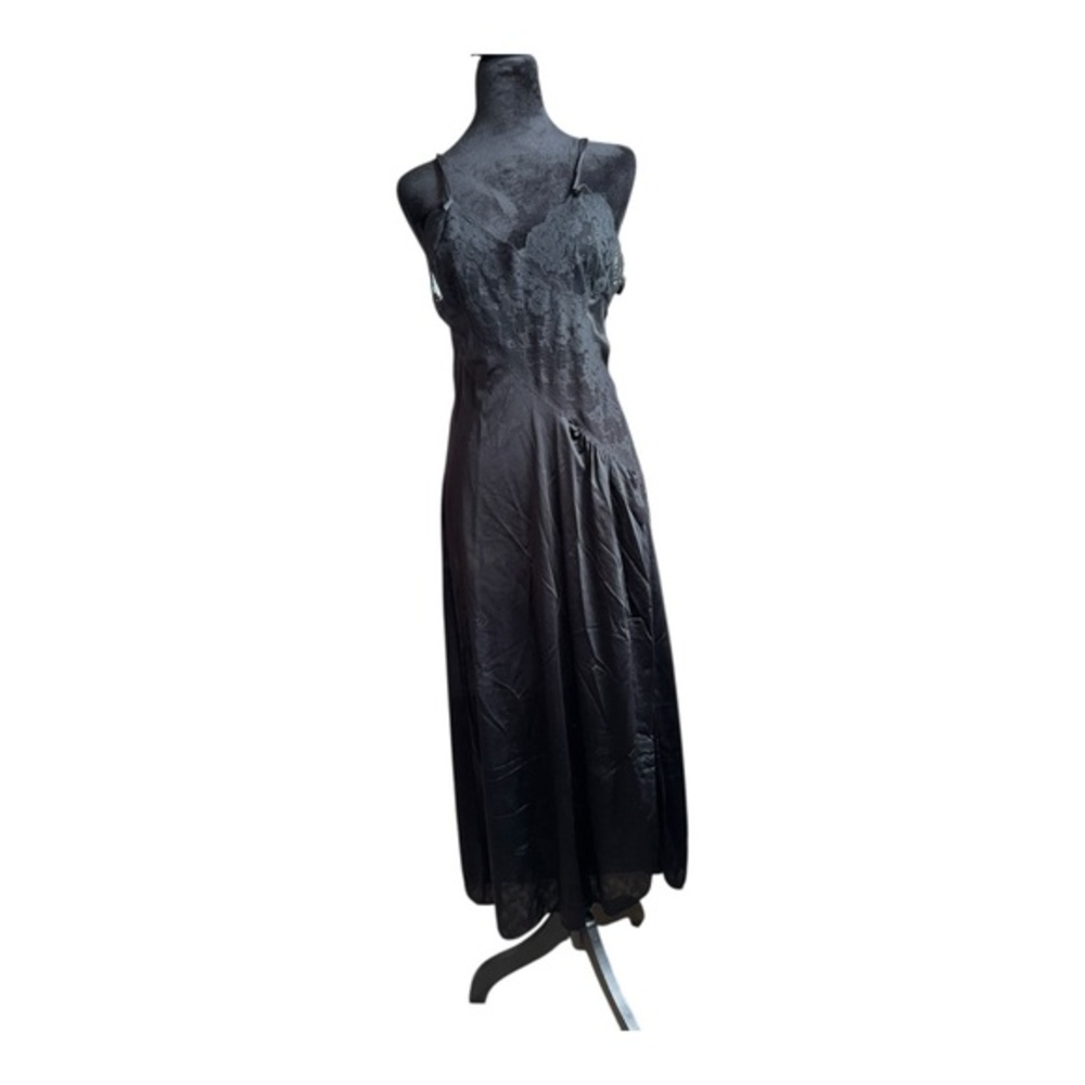 VTG 80s Whimsigoth Black Nylon Sheer Lace High leg Slit slip dress sz M/L